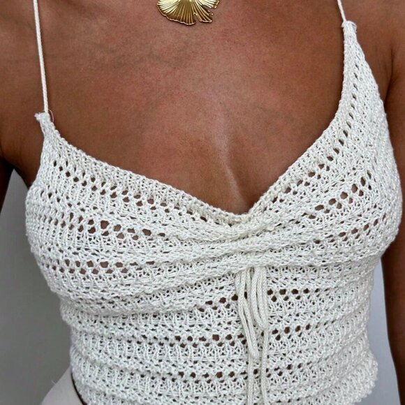 None Tops - Apricot Casual Women's Ruched Drawstring Beach Vacation Crochet Knit Tank Top